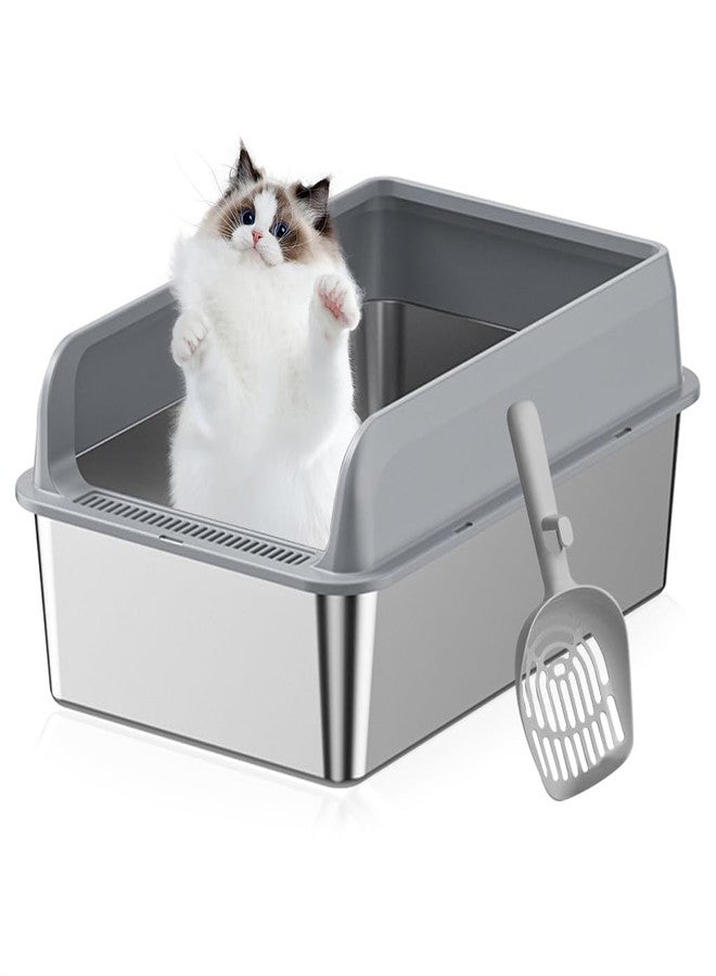 Qpets® Open Top Stainless Steel Cat Litter Box Easy to Clean with Anti-Tip Design Includes Scoop & 4 Non-Slip Mats High Wall Cat Toilet for Odor Control (50x35x20cm, for Under 10kg Cats) - Image 1